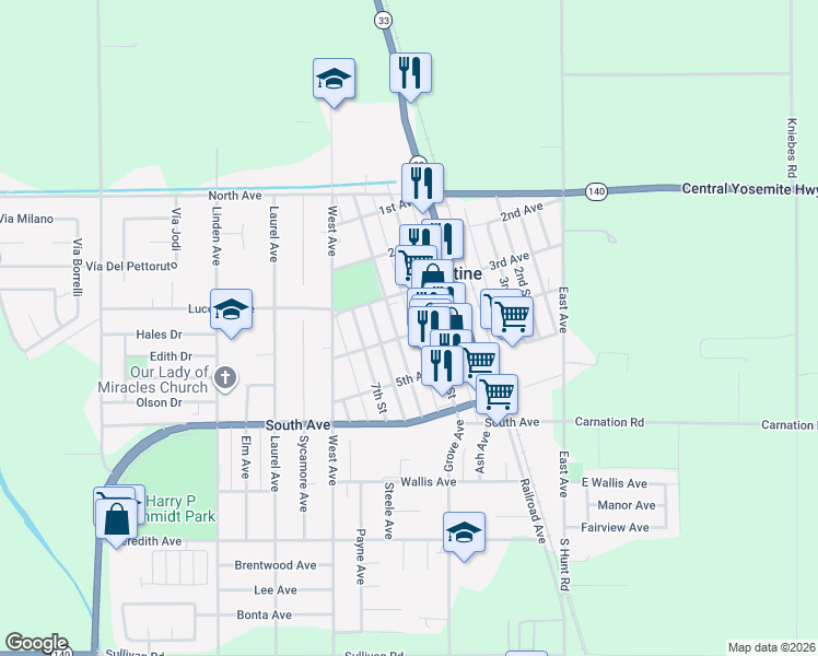 map of restaurants, bars, coffee shops, grocery stores, and more near 560 4th Avenue in Gustine