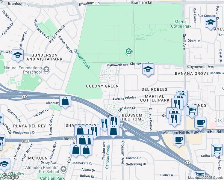 map of restaurants, bars, coffee shops, grocery stores, and more near 5439 Colony Green Drive in San Jose