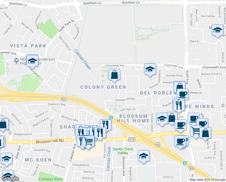 map of restaurants, bars, coffee shops, grocery stores, and more near 5439 Colony Green Drive in San Jose