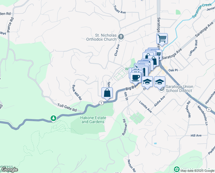 map of restaurants, bars, coffee shops, grocery stores, and more near 14666 Wild Berry Lane in Saratoga