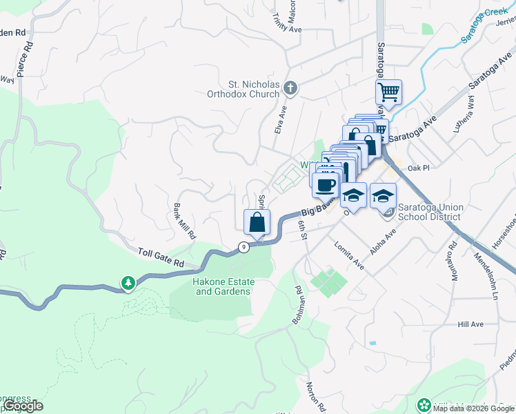 map of restaurants, bars, coffee shops, grocery stores, and more near 14666 Wild Berry Lane in Saratoga