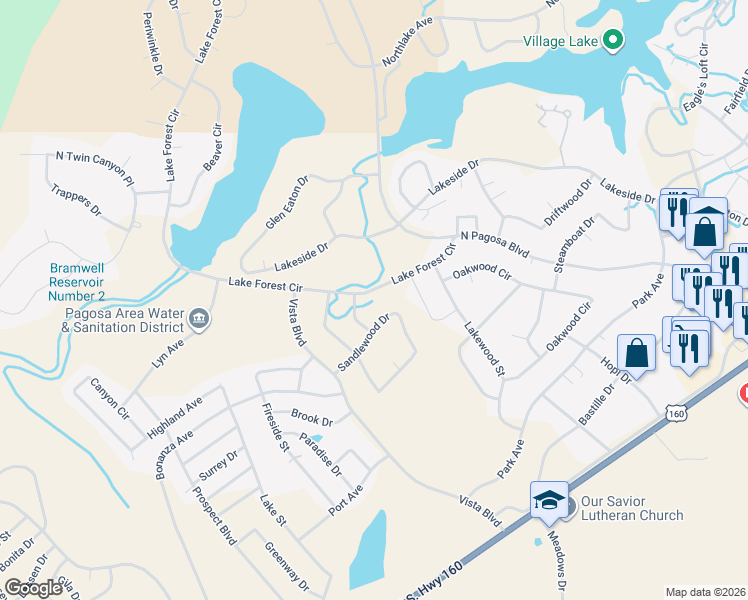 map of restaurants, bars, coffee shops, grocery stores, and more near 252 Sandlewood Dr in Pagosa Springs