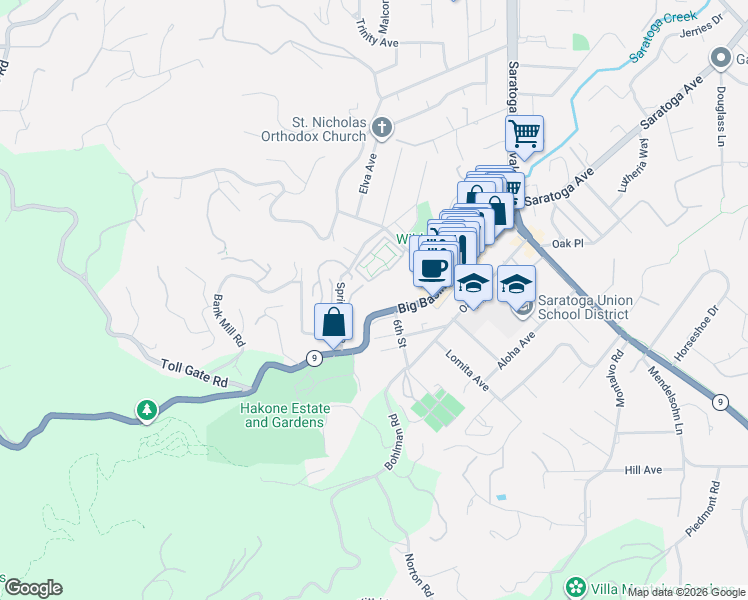 map of restaurants, bars, coffee shops, grocery stores, and more near 14675 Big Basin Way in Saratoga