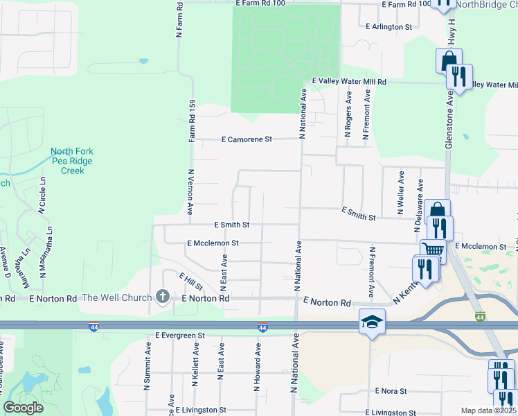 map of restaurants, bars, coffee shops, grocery stores, and more near 1103 East Smith Street in Springfield