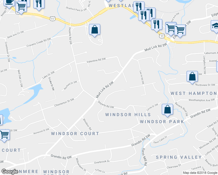 map of restaurants, bars, coffee shops, grocery stores, and more near 3518 Mudlick Road Southwest in Roanoke