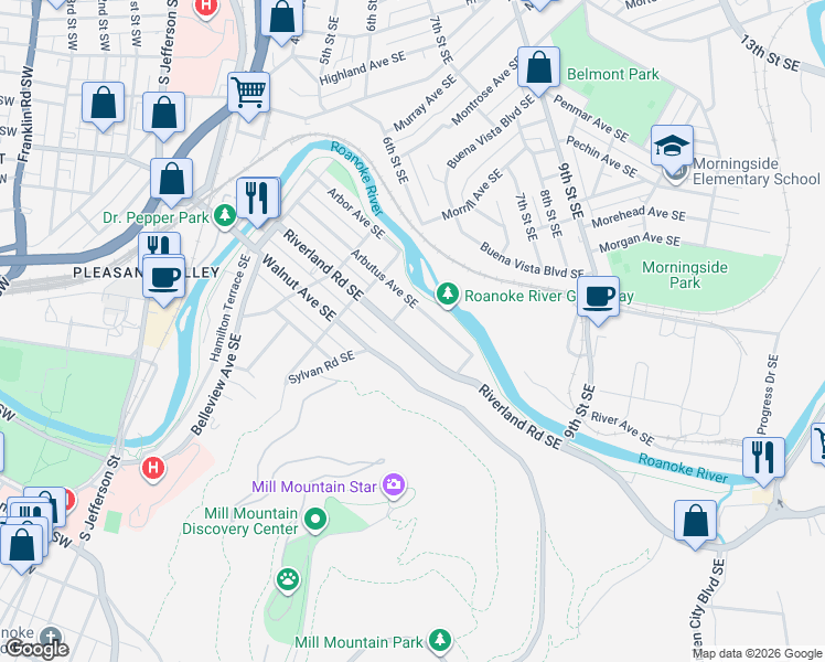 map of restaurants, bars, coffee shops, grocery stores, and more near 725 Riverland Road Southeast in Roanoke