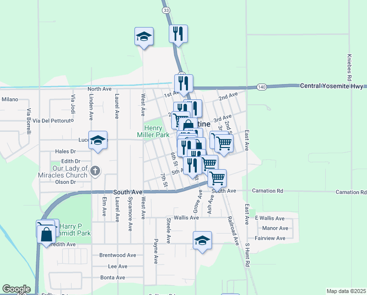 map of restaurants, bars, coffee shops, grocery stores, and more near 560 4th Avenue in Gustine