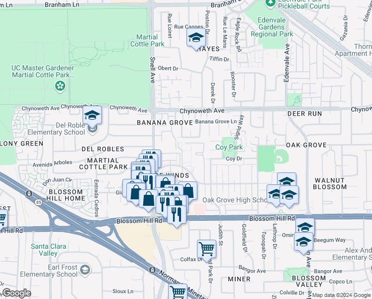 map of restaurants, bars, coffee shops, grocery stores, and more near 5298 Borneo Circle in San Jose