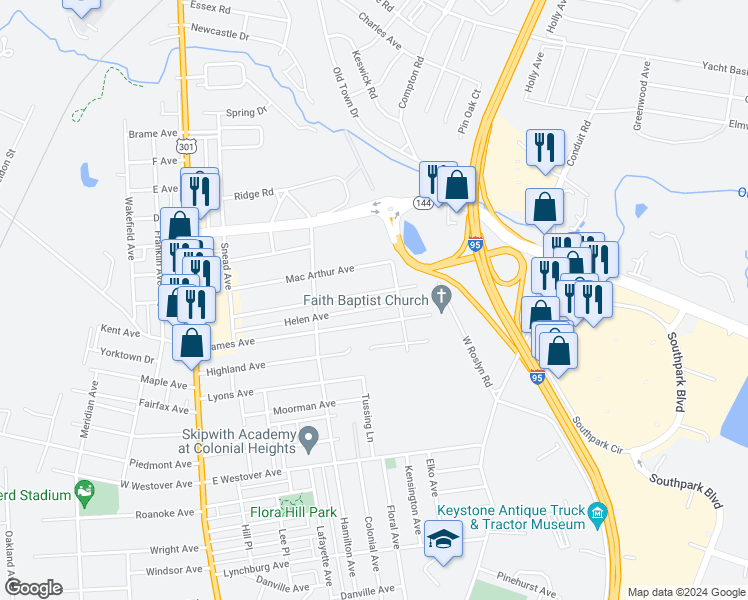 map of restaurants, bars, coffee shops, grocery stores, and more near 603 Walnut Avenue in Colonial Heights