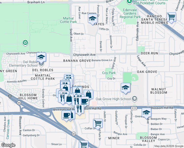map of restaurants, bars, coffee shops, grocery stores, and more near 291 Tradewinds Drive in San Jose