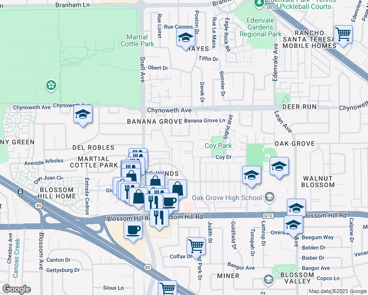 map of restaurants, bars, coffee shops, grocery stores, and more near 291 Tradewinds Drive in San Jose