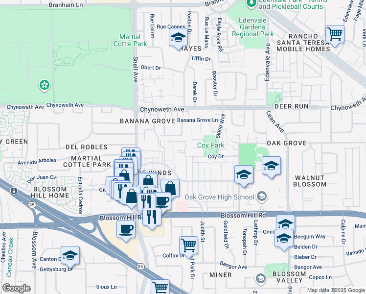 map of restaurants, bars, coffee shops, grocery stores, and more near 293 Tradewinds Drive in San Jose