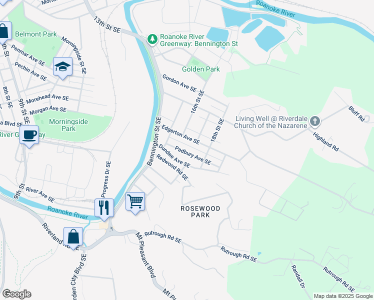 map of restaurants, bars, coffee shops, grocery stores, and more near 1642 Padbury Avenue Southeast in Roanoke