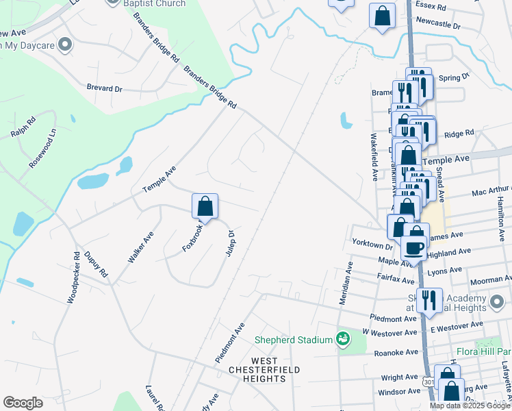 map of restaurants, bars, coffee shops, grocery stores, and more near 3502 Colonnade Drive in Ettrick