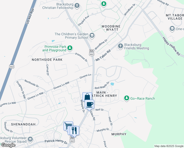 map of restaurants, bars, coffee shops, grocery stores, and more near 101 Givens Lane in Blacksburg