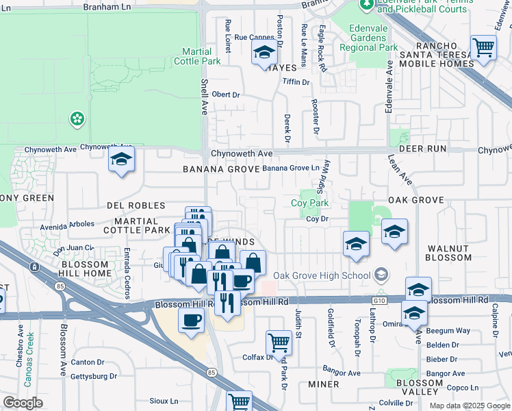 map of restaurants, bars, coffee shops, grocery stores, and more near 303 Tradewinds Drive in San Jose