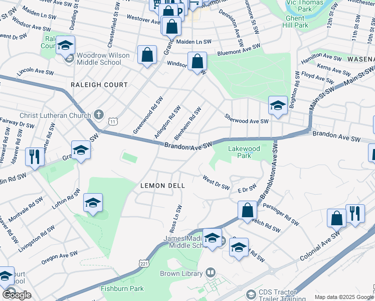 map of restaurants, bars, coffee shops, grocery stores, and more near 1616 Brandon Avenue Southwest in Roanoke