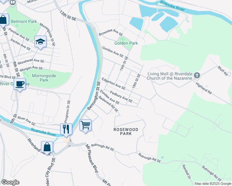map of restaurants, bars, coffee shops, grocery stores, and more near 1638 Padbury Avenue Southeast in Roanoke