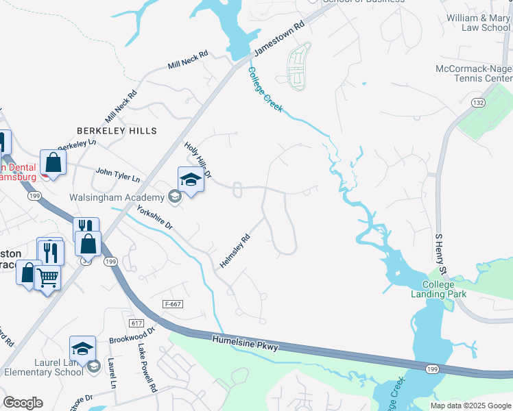 map of restaurants, bars, coffee shops, grocery stores, and more near 208 Sir Thomas Lunsford Drive in Williamsburg