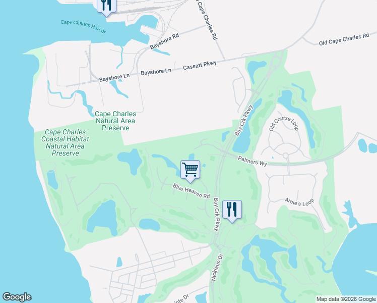map of restaurants, bars, coffee shops, grocery stores, and more near 16 Burford Court in Cape Charles