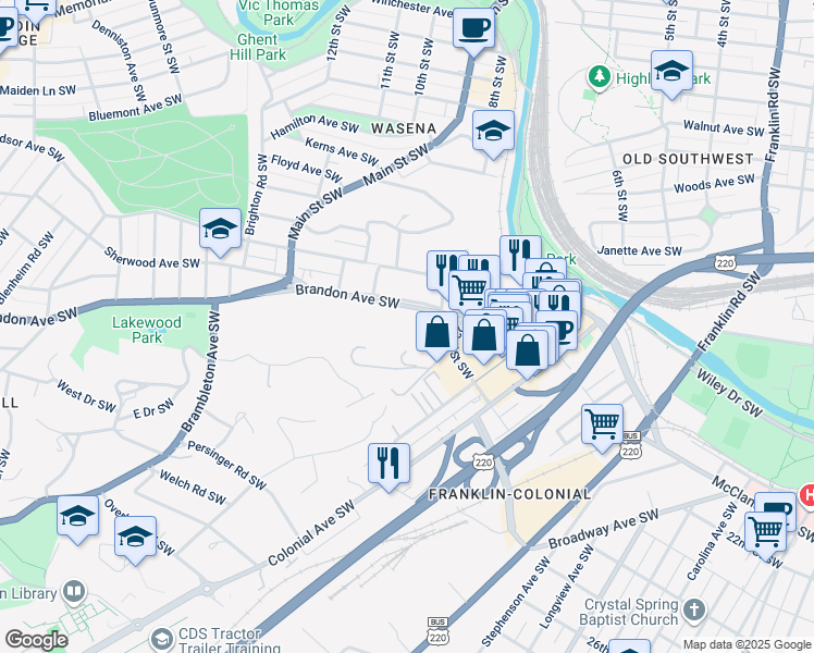 map of restaurants, bars, coffee shops, grocery stores, and more near 728 Brandon Avenue Southwest in Roanoke