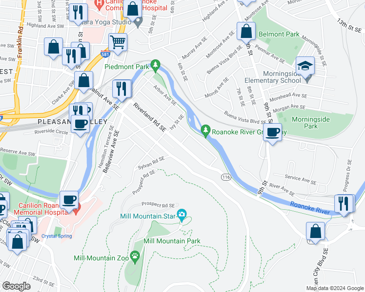 map of restaurants, bars, coffee shops, grocery stores, and more near 703 Riverland Road Southeast in Roanoke