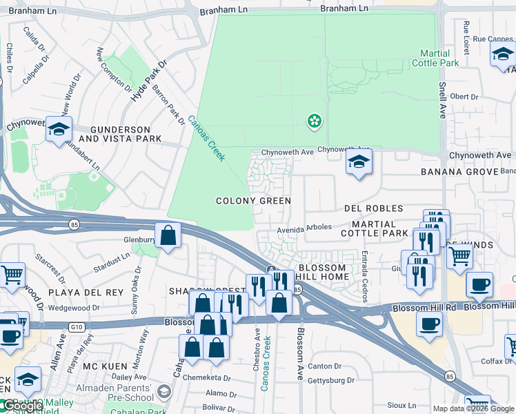 map of restaurants, bars, coffee shops, grocery stores, and more near 433 Colony Cove Drive in San Jose
