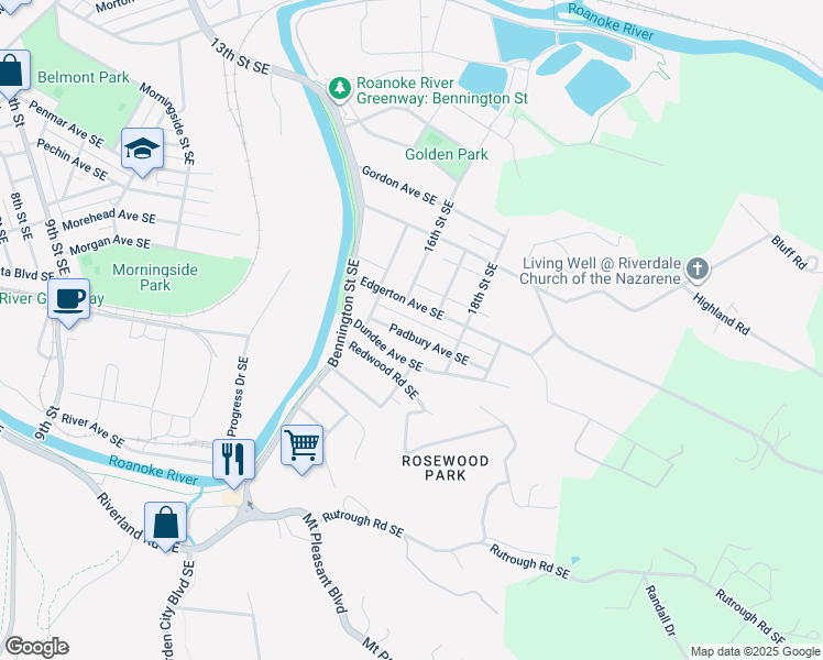 map of restaurants, bars, coffee shops, grocery stores, and more near 1638 Padbury Avenue Southeast in Roanoke