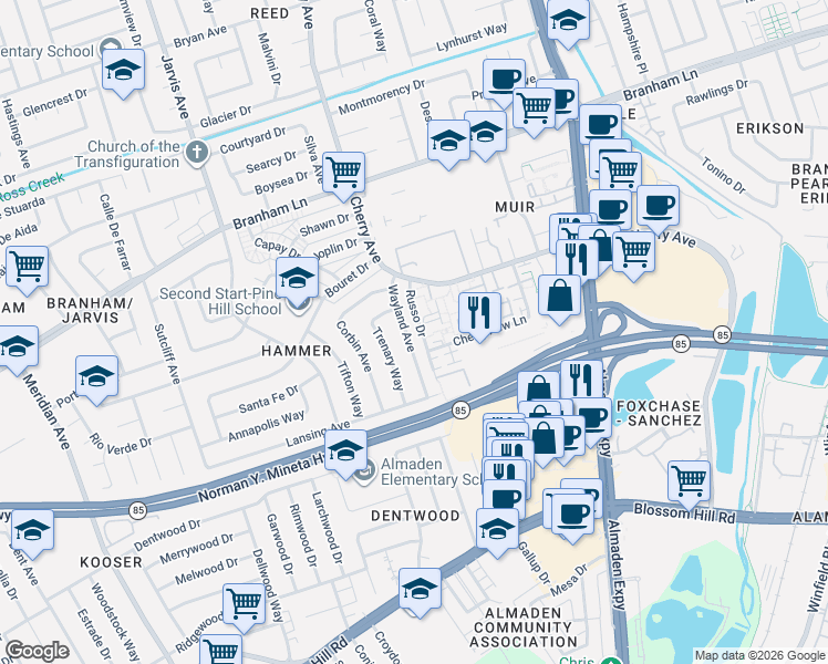 map of restaurants, bars, coffee shops, grocery stores, and more near 5026 Wayland Avenue in San Jose