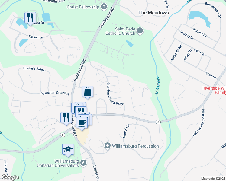 map of restaurants, bars, coffee shops, grocery stores, and more near 3405 Darden Place in Williamsburg