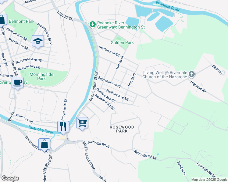 map of restaurants, bars, coffee shops, grocery stores, and more near 1642 Padbury Avenue Southeast in Roanoke