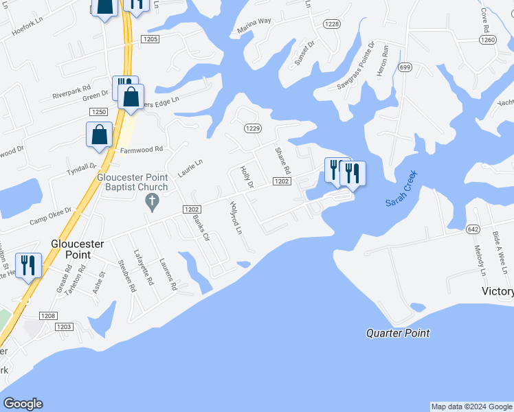 map of restaurants, bars, coffee shops, grocery stores, and more near 7923 Yacht Haven Road in Gloucester Point