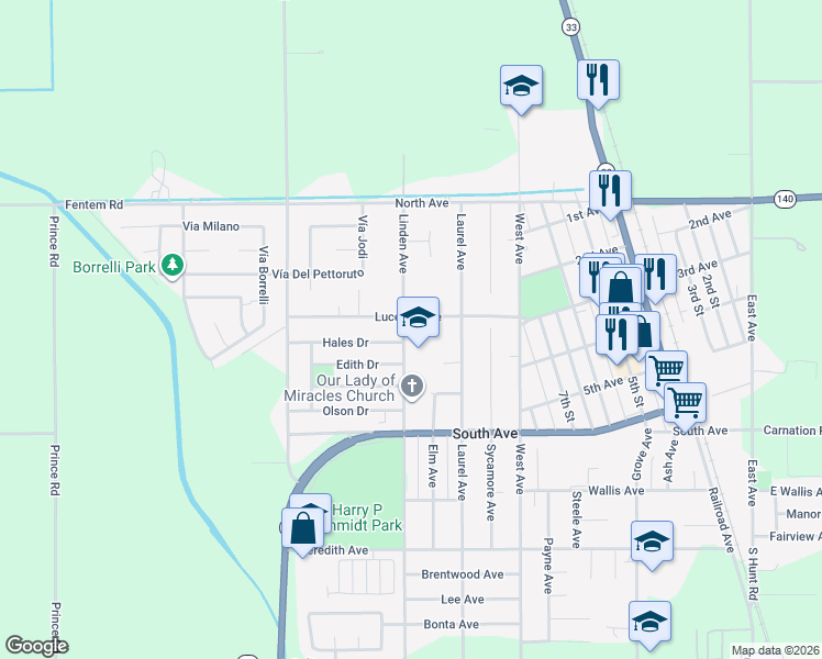 map of restaurants, bars, coffee shops, grocery stores, and more near 1302 Hales Drive in Gustine