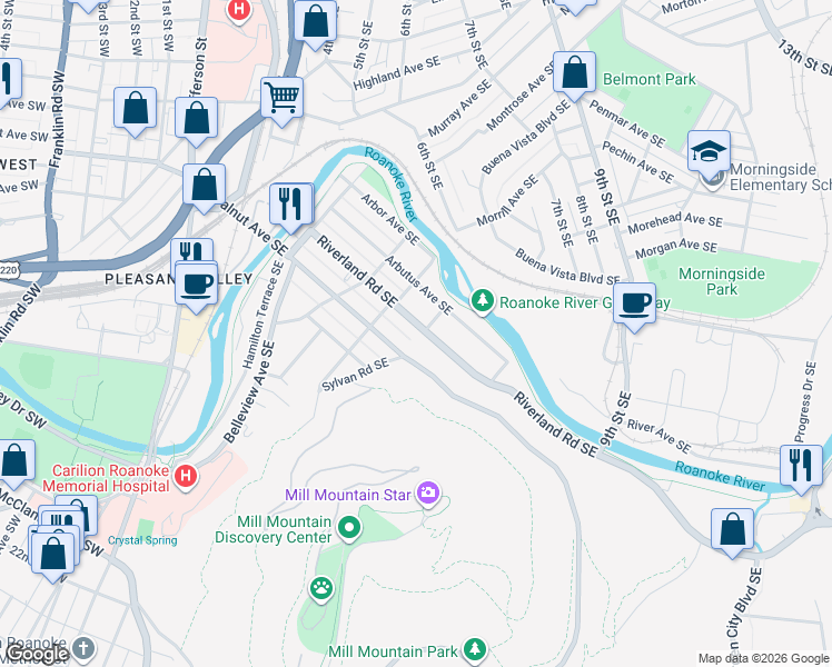map of restaurants, bars, coffee shops, grocery stores, and more near 627 Walnut Avenue Southeast in Roanoke