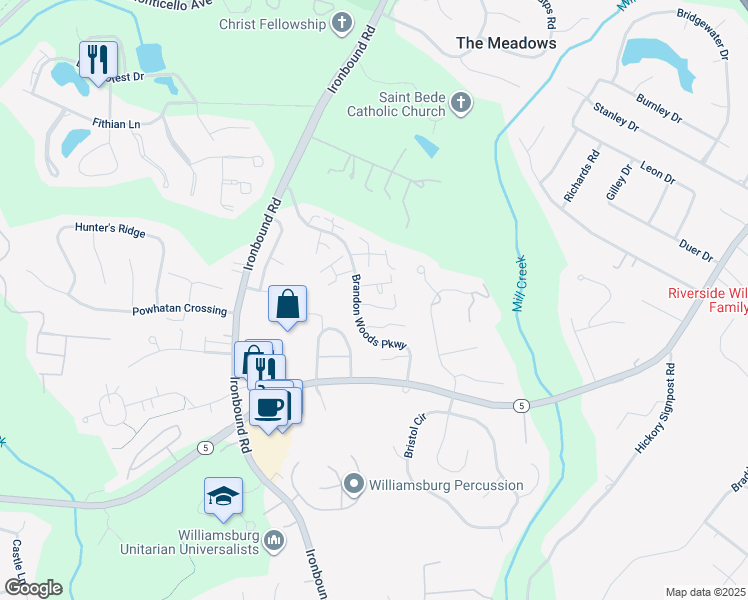 map of restaurants, bars, coffee shops, grocery stores, and more near 3405 Darden Place in Williamsburg