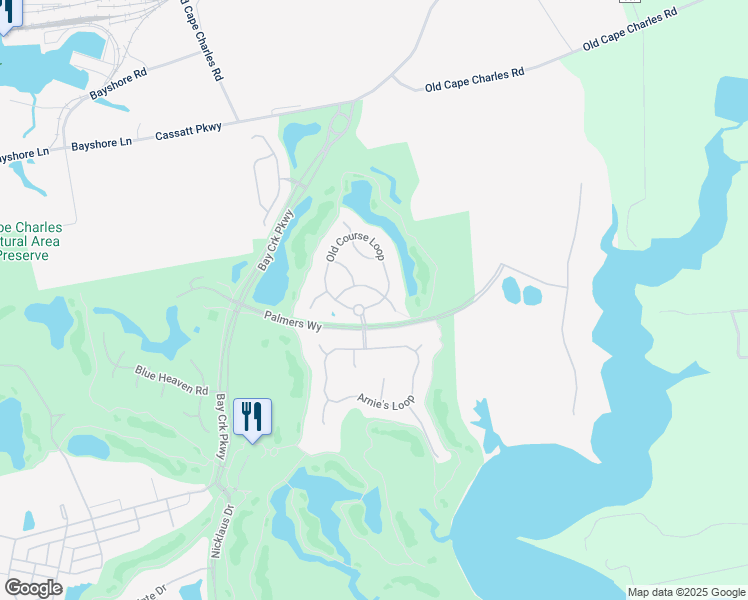 map of restaurants, bars, coffee shops, grocery stores, and more near 270 Old Course Loop in Cape Charles