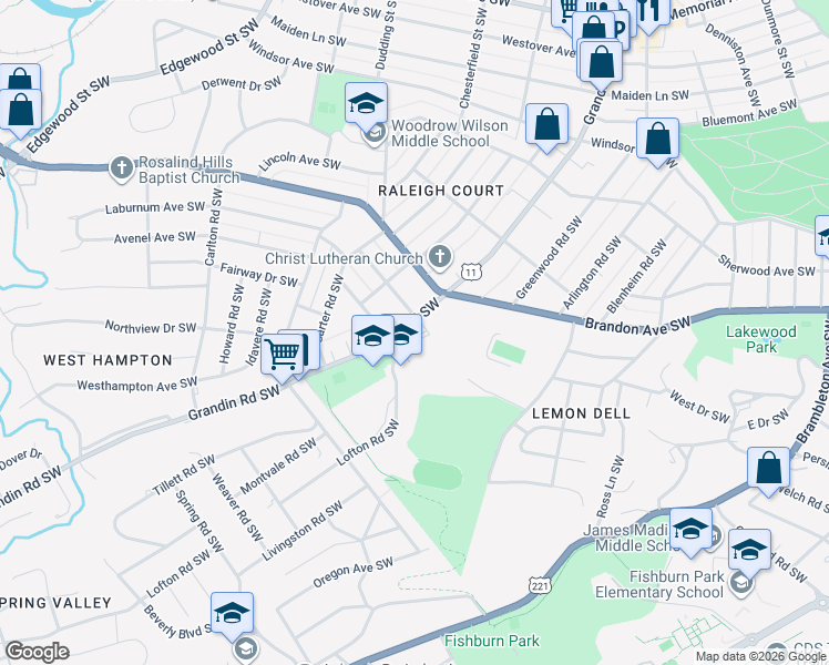 map of restaurants, bars, coffee shops, grocery stores, and more near 2112 Grandin Road Southwest in Roanoke