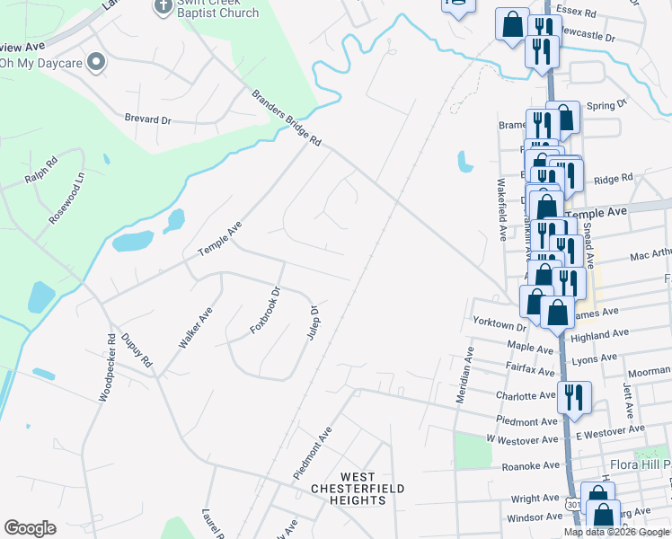 map of restaurants, bars, coffee shops, grocery stores, and more near 19404 Braebrook Drive in Ettrick