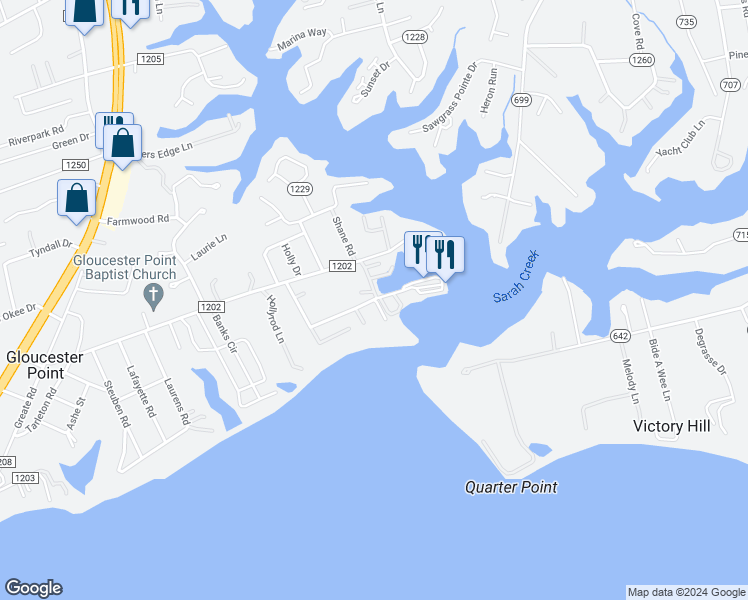 map of restaurants, bars, coffee shops, grocery stores, and more near Yacht Haven Road in Gloucester Point
