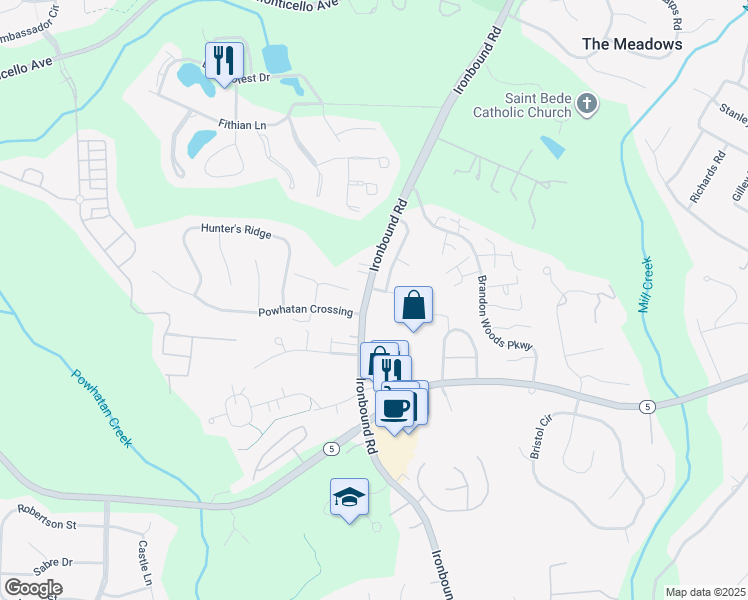 map of restaurants, bars, coffee shops, grocery stores, and more near 3393 Ironbound Road in Williamsburg