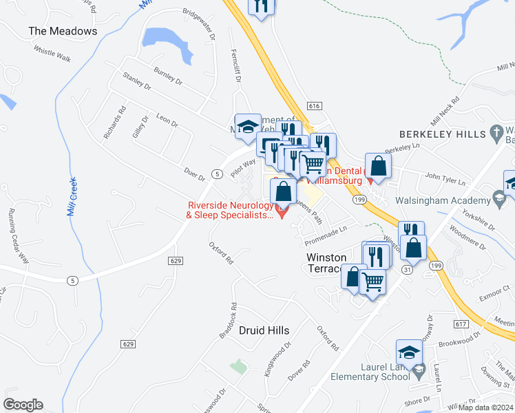 map of restaurants, bars, coffee shops, grocery stores, and more near 807 Queens Way in Williamsburg