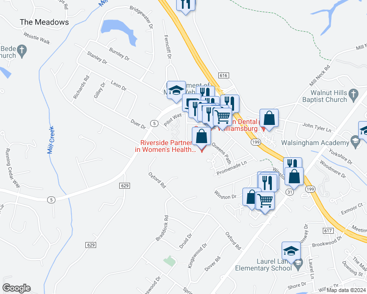 map of restaurants, bars, coffee shops, grocery stores, and more near 808 Queens Way in Williamsburg