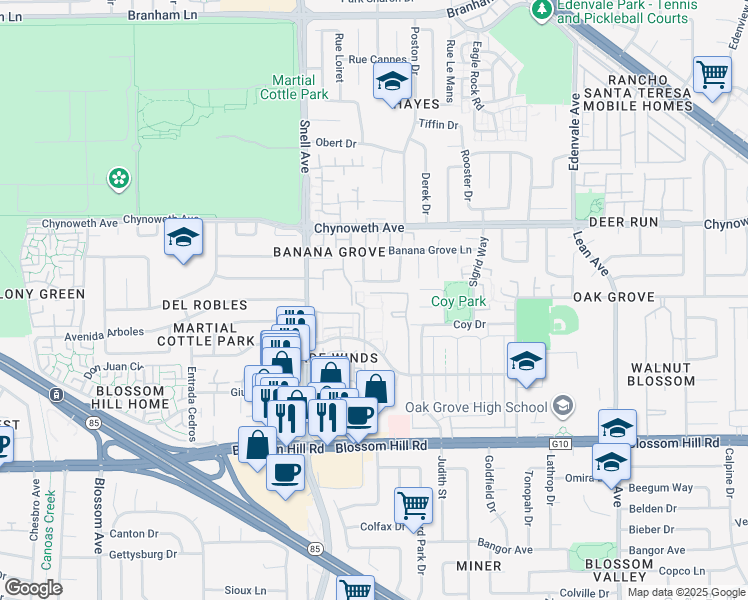map of restaurants, bars, coffee shops, grocery stores, and more near 5305 Dexter Drive in San Jose