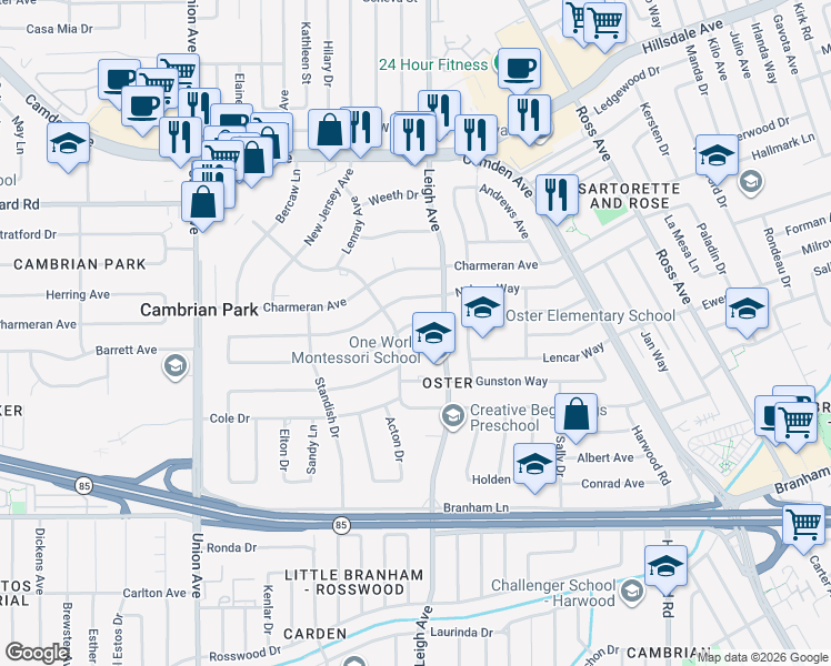 map of restaurants, bars, coffee shops, grocery stores, and more near in San Jose