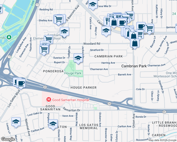 map of restaurants, bars, coffee shops, grocery stores, and more near 15467 Charmeran Avenue in San Jose