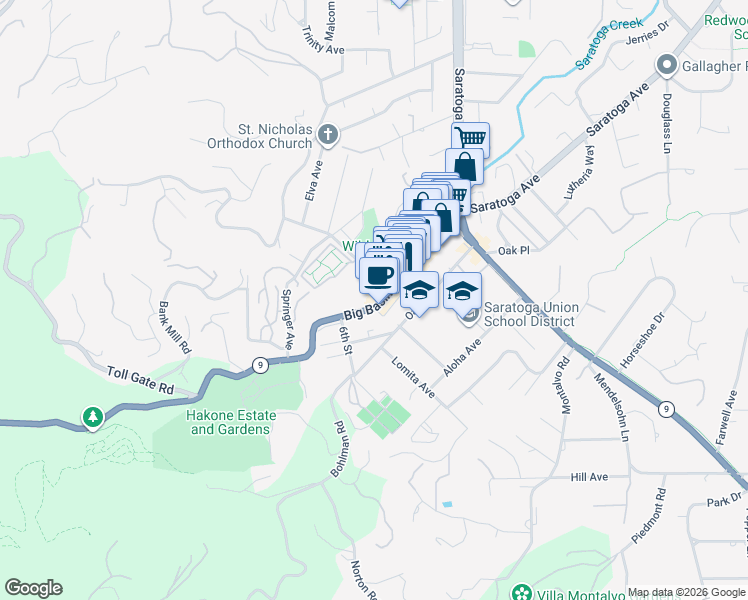 map of restaurants, bars, coffee shops, grocery stores, and more near 20649 4th Street in Saratoga