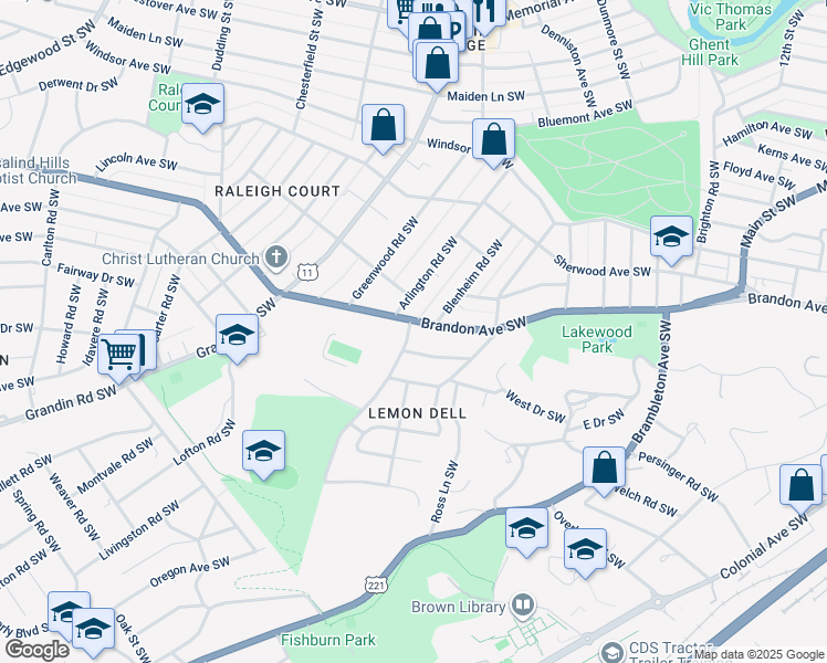 map of restaurants, bars, coffee shops, grocery stores, and more near 1906 Arlington Road Southwest in Roanoke