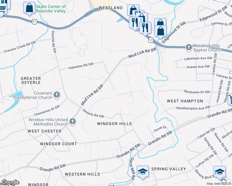 map of restaurants, bars, coffee shops, grocery stores, and more near 2067 Lee Hi Road Southwest in Roanoke