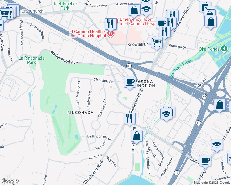 map of restaurants, bars, coffee shops, grocery stores, and more near 107 Cedarcrest Place in Los Gatos