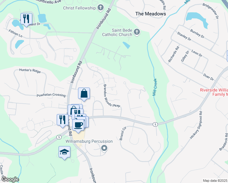 map of restaurants, bars, coffee shops, grocery stores, and more near 3309 Heather Court in Williamsburg